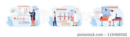 Healthtech set. Innovative diagnosis and treatment methodics. Telemedicine, health monitoring, laboratory research. Modern technologies for disease prevention and treatment. Flat vector illustration 116466088