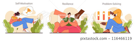 Character adaptability and flexibility set. Quick respond to changes and performance adjusting. Soft skills and self-development for career growth. Flat vector illustration 116466119