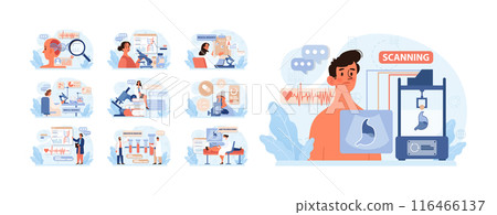 Healthtech set. Innovative diagnosis and treatment methodics. Telemedicine, health monitoring, laboratory research. Modern technologies for disease prevention and treatment. Flat vector illustration 116466137