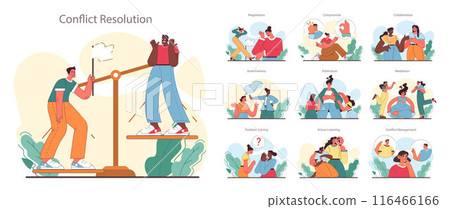 Soft skill development set. Character with conflict resolution skill. Person resolve a conflict, find compromise on opposite opinions. Self-development and psychological maturity. Flat vector 116466166