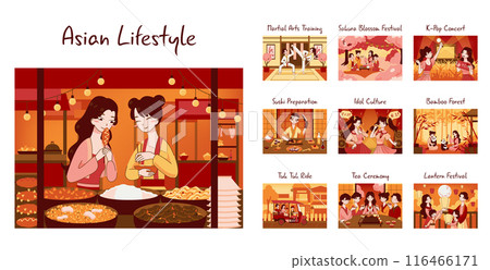 Asian people lifestyle and culture set. Characters enjoying their free time by doing leisure activities at home. Japanese, chinese or korean woman and man in traditional clothes. Flat vector Asian people lifestyle and culture set. Characters enjoying their free time by doing leisure activities at home. Japanese, chinese or korean woman and man in traditional clothes. Flat vector 116466171