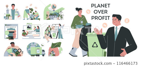 Green marketing set. Corporate social responsibility, CSR. Company using sustainable practices for promotion. Business' responsibility for impact on environment. Flat vector illustration Green marketing set. Corporate social responsibility, CSR. Company using sustainable practices for promotion. Business' responsibility for impact on environment. Flat vector illustration 116466173