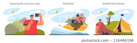 Solo travel set. Character traveling alone with a back pack. Outdoor relaxation, vacation activity. Adventurous lifestyle, traveler exploring nature. Flat vector illustration 116466196