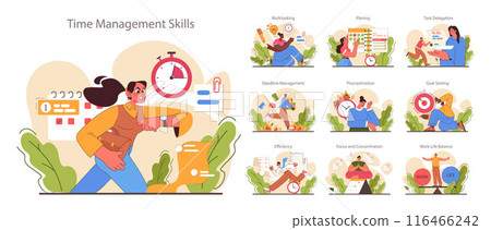 Time management skills set. Character with self-discipline. Planning and checking task, appointment or assignment planning. Organization for performance efficiency. Flat vector illustration 116466242