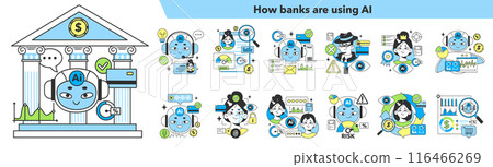 Banking industry automatization with artificial intelligence set. Fintech development. Financial services neural network assistance. Digital economy. Flat vector illustration 116466269