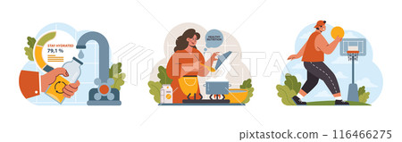 Active and healthy lifestyle set. Proper nutrition, water balance, physical activity, recreation. Modern lifestyle habits for longevity and physical wellbeing. Flat vector illustration 116466275