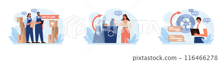 Sustainability set. Environmental protection, climate and nature preservation. Social responsibility, conscious consumption and carbon footprint reduction. Circular economy. Flat vector illustration 116466278