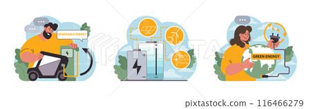 Renewable power set. Sustainable electricity consumption. Energy generation source. Solar, water, wind, geothermal and battery. Flat vector illustration 116466279