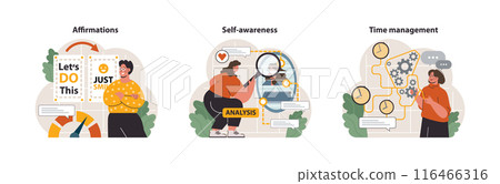 Personal growth set. Professional or personal development. Employee soft skill progress. Effective goal-setting, motivation and time management. Flat vector illustration 116466316
