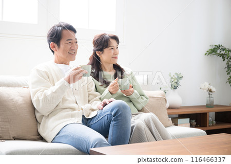 Full-body view of a couple in their 50s relaxing in the living room. Full-body profile of a couple talking Full-body view of a couple in their 50s relaxing in the living room. Full-body profile of a couple talking 116466337
