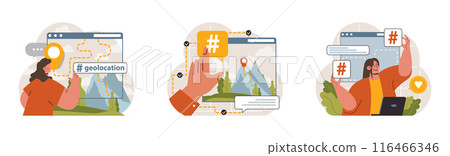 Hashtag set. Character using digital device for sending posts and sharing them in social media. Global communication, viral content and feedback. Flat vector illustration Hashtag set. Character using digital device for sending posts and sharing them in social media. Global communication, viral content and feedback. Flat vector illustration 116466346