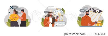Manipulation. Psychological control method. Domination exploitation, emotional abuse and control. Toxic relationship, propaganda, internet addiction idea. Flat vector illustration Manipulation. Psychological control method. Domination exploitation, emotional abuse and control. Toxic relationship, propaganda, internet addiction idea. Flat vector illustration 116466361