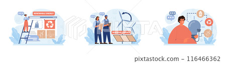Renewable power set. Sustainable electricity consumption. Energy generation source. Solar, water, wind, geothermal and battery. Flat vector illustration 116466362