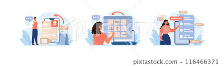 Hashtag set. Character using digital device for sending posts and sharing them in social media. Global communication, viral content and feedback. Flat vector illustration Hashtag set. Character using digital device for sending posts and sharing them in social media. Global communication, viral content and feedback. Flat vector illustration 116466371