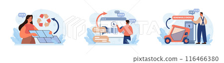 Renewable power set. Sustainable electricity consumption. Energy generation source. Solar, water, wind, geothermal and battery. Flat vector illustration Renewable power set. Sustainable electricity consumption. Energy generation source. Solar, water, wind, geothermal and battery. Flat vector illustration 116466380