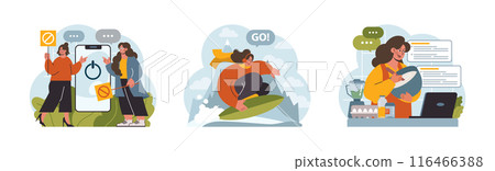 Modern wellbeing practice set. Slow, mindful and sustainable living. Urban lifestyle principles for harmony, personal growth, stress reduction and happiness. Flat vector illustration Modern wellbeing practice set. Slow, mindful and sustainable living. Urban lifestyle principles for harmony, personal growth, stress reduction and happiness. Flat vector illustration 116466388