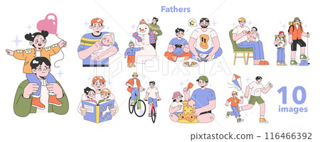 Father and children relationships set. Happy loving family, positive parenting and nurturing. Care, trust and support between parent and a child. Man and kid daily life. Flat vector illustration. 116466392