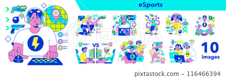 E-sports set. Character playing video games, fighting over the championship trophy. Gamer in a headphones with a gamepad. E-sport team player. Flat vector illustration 116466394