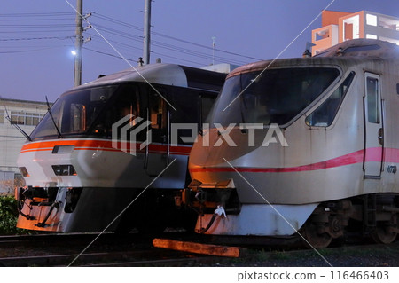 KTR001 and KTR8500 lined up at the Kyoto Tango Railway Depot at night 116466403