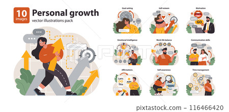 Personal growth set. Professional or personal development. Employee soft skill progress. Effective goal-setting, motivation and time management. Flat vector illustration Personal growth set. Professional or personal development. Employee soft skill progress. Effective goal-setting, motivation and time management. Flat vector illustration 116466420