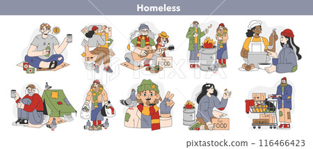 Homeless people set. Male and female beggar wearing ragged and dirty clothes begging money. Poor character picking up and collecting garbage. Flat vector illustration 116466423