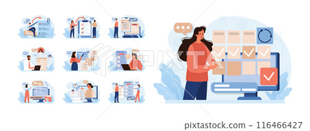 Public opinion polling set. Character participation in an online survey. Assessing people's impression of services. Opinion questionnaire form. Flat vector illustration Public opinion polling set. Character participation in an online survey. Assessing people's impression of services. Opinion questionnaire form. Flat vector illustration 116466427