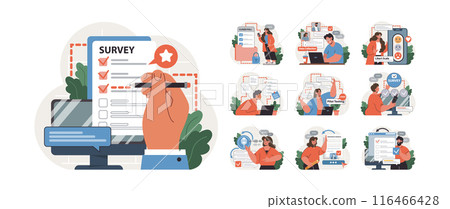 Public opinion polling set. Character participation in an online survey. Assessing people's impression of services. Opinion questionnaire form. Flat vector illustration 116466428