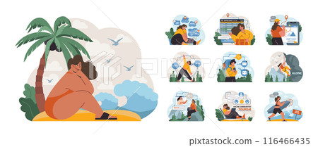 Solo travel, honeymoon set. Female character traveling alone. Woman outdoor relaxation, vacation activity. Adventurous lifestyle, traveler exploring nature by herself. Flat vector illustration 116466435