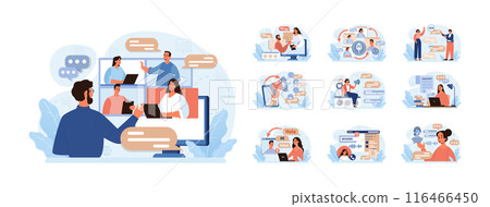 Verbal communication set. Public speaking, talking through a digital device or interpersonal discussion. Character telling, passing a message vocally or by writing. Flat vector illustration 116466450