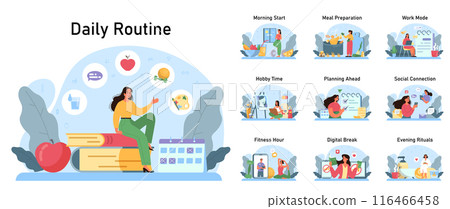 Female character daily routine and schedule. Active and healthy lifestyle. Modern lifestyle habits for longevity and physical well being. Flat vector illustration 116466458