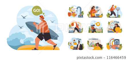 Active and healthy lifestyle set. Proper nutrition, water balance, physical activity, recreation. Modern lifestyle habits for longevity and physical wellbeing. Flat vector illustration Active and healthy lifestyle set. Proper nutrition, water balance, physical activity, recreation. Modern lifestyle habits for longevity and physical wellbeing. Flat vector illustration 116466459