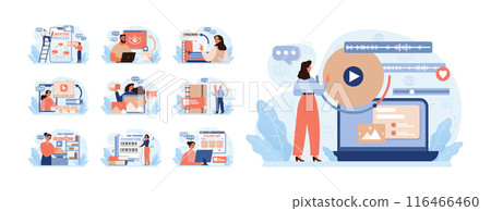 Art therapy set. Character developing a creativity. Self-expression idea. Method of psychological therapy for dealing with stress and frustration. Flat vector illustration 116466460