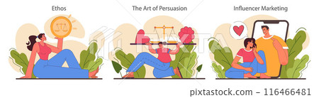 Persuasion set. Soft skill, the ability to convince people. Cognitive influence and authoritative opinion. Motivation, inspiration and control on decision making. Flat vector illustration Persuasion set. Soft skill, the ability to convince people. Cognitive influence and authoritative opinion. Motivation, inspiration and control on decision making. Flat vector illustration 116466481