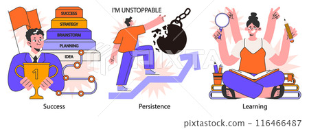 Self-development set. Increasing of individual or professional competencies and skills. Self-motivation and efficacy. Personal improvement, soft skills development. Flat vector illustration Self-development set. Increasing of individual or professional competencies and skills. Self-motivation and efficacy. Personal improvement, soft skills development. Flat vector illustration 116466487