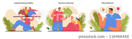 Leadership skills set. Top manager soft skills and professional qualities leading a work team towards success. Coaching, motivation and personnel efficiency improvement. Flat vector illustration Leadership skills set. Top manager soft skills and professional qualities leading a work team towards success. Coaching, motivation and personnel efficiency improvement. Flat vector illustration 116466488