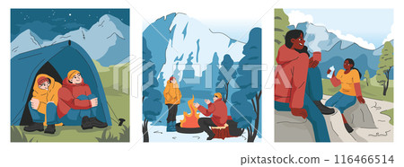 Mountaineering set. Mountain climbers with backpacks during nature adventure. People climbing rock wall, sitting near campfire and hiking in the hills. Flat vector illustration 116466514
