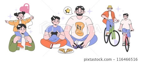 Father and children relationships set. Happy loving family, positive parenting and nurturing. Care, trust and support between parent and a child. Man and kid daily life. Flat vector illustration. 116466516