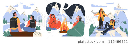 Mountaineering set. Mountain climbers with backpacks during nature adventure. People climbing rock wall, sitting near campfire and hiking in the hills. Flat vector illustration Mountaineering set. Mountain climbers with backpacks during nature adventure. People climbing rock wall, sitting near campfire and hiking in the hills. Flat vector illustration 116466531