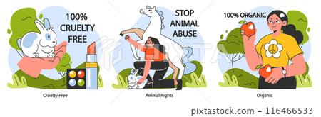 Sustainable living set. Vegan and cruelty free organic diet. Animal rights. Organic plant-based nutrition. Ethical consumption and zero waste. Flat vector illustration Sustainable living set. Vegan and cruelty free organic diet. Animal rights. Organic plant-based nutrition. Ethical consumption and zero waste. Flat vector illustration 116466533