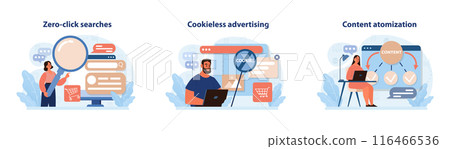 Digital marketing set. Marketing strategy development innovative techniques, tools and services. Web marketing technologies for brand online promotion. Flat vector illustration 116466536