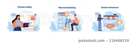 Digital marketing set. Marketing strategy development innovative techniques, tools and services. Web marketing technologies for brand online promotion. Flat vector illustration 116466539