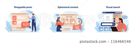 Digital marketing set. Marketing strategy development innovative techniques, tools and services. Web marketing technologies for brand online promotion. Flat vector illustration 116466546