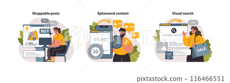 Digital marketing set. Marketing strategy development innovative techniques, tools and services. Web marketing technologies for brand online promotion. Flat vector illustration 116466551