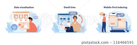 Digital marketing set. Marketing strategy development innovative techniques, tools and services. Web marketing technologies for brand online promotion. Flat vector illustration 116466591