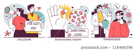 World AiDs day set. HIV, immunodeficiency virus transmission, laboratory diagnostic and treatment therapy. Dangerous disease awareness, stigma break. Flat vector illustration 116466596