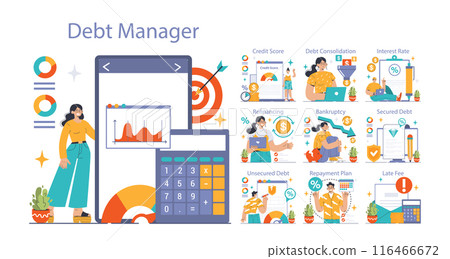 Debt management set. Organization, tracking and paying off debts. Financial planning and budgeting. Payment strategy development. Flat vector illustration Debt management set. Organization, tracking and paying off debts. Financial planning and budgeting. Payment strategy development. Flat vector illustration 116466672