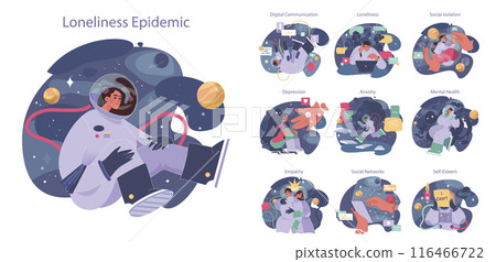 Loneliness set. Unhappy person, astronaut left alone in space. Character suffering from solitude. Modern communication problem and self-isolation. Flat vector illustration 116466722