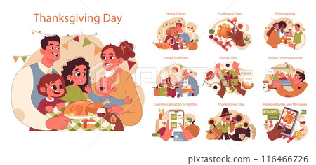 Joyful family celebrating Thanksgiving set. American holiday dining and gathering. Happy children, parents and grandparents spending time together. Flat vector illustration Joyful family celebrating Thanksgiving set. American holiday dining and gathering. Happy children, parents and grandparents spending time together. Flat vector illustration 116466726