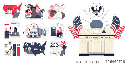 Presidential election set. American election campaign between democrats and republicans party. USA political and voting system. Democratic procedure, electoral process. Flat vector illustration 116466728