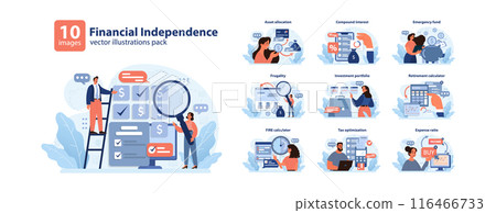 Financial independence, FIRE concept set. Money savings and investment for early retirement. Financial literacy and personal budget development. Assets management. Flat vector illustration 116466733